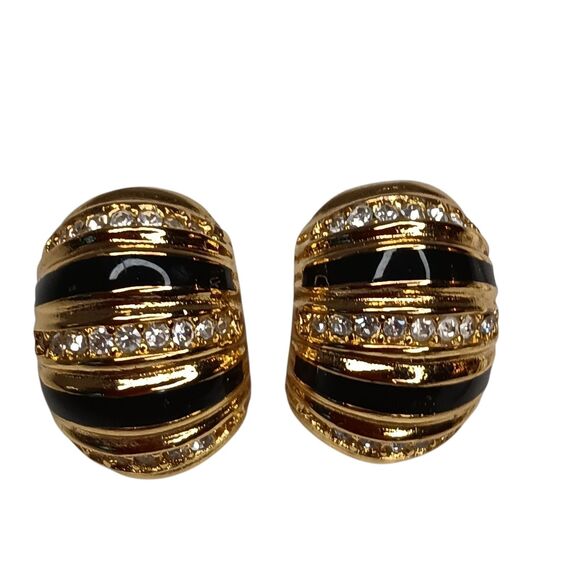 VTG Lot Of 3 Pierced Earrings Gold Hoop, Black W/ Rhinestones, Silvertone Swirl - Picture 3 of 8